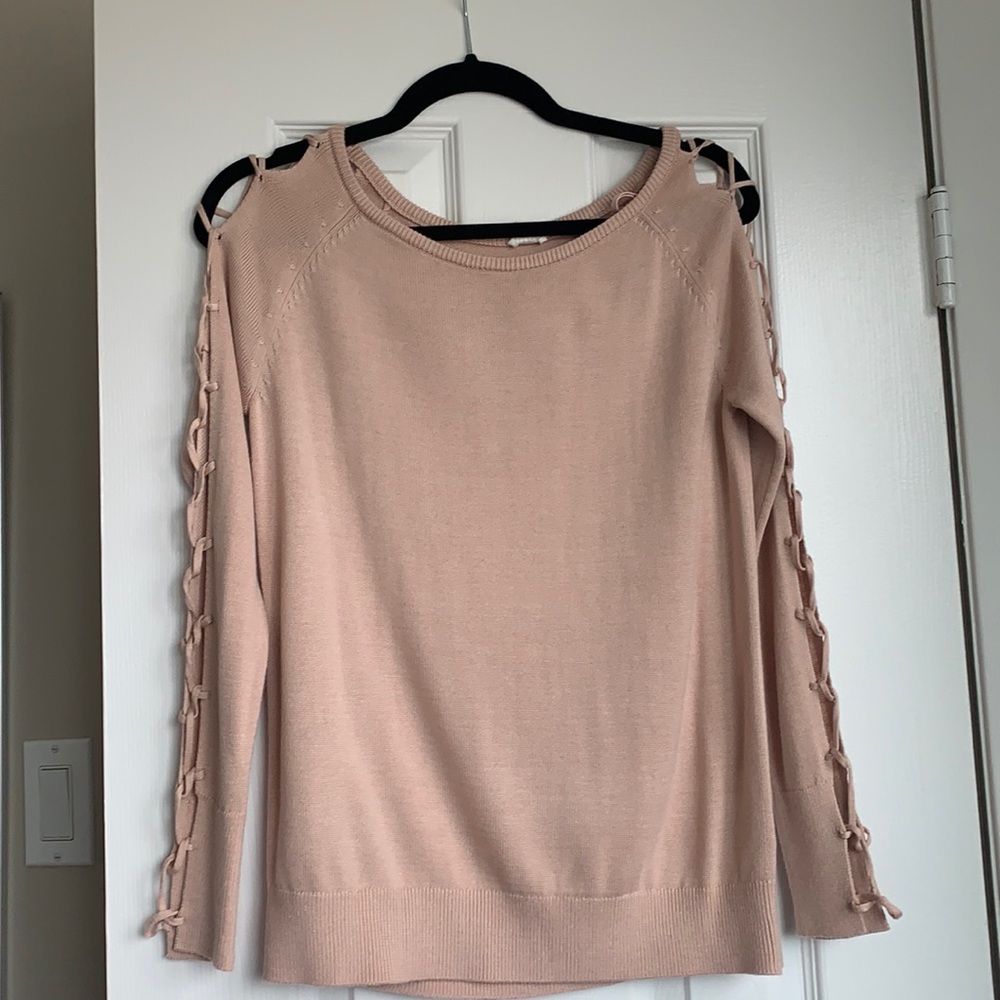 Garage Light Pink Sweater with Open Lace Up Detail on Sleeves